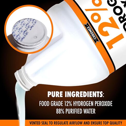 بيروكسيد الهيدروجين كرومكس 12% من درجة الغذاء، 4x محلول مركز للطاقة، 3 جالون مخفف إلى 12 جالون، الاستخدامات المتنوعة تشمل العناية الموضعية، المنزل، المطبخ، منظف الحمام، الغسيل، التبييض in Kuwait