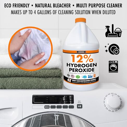 بيروكسيد الهيدروجين كرومكس 12% من درجة الغذاء، 4x محلول مركز للطاقة، 3 جالون مخفف إلى 12 جالون، الاستخدامات المتنوعة تشمل العناية الموضعية، المنزل، المطبخ، منظف الحمام، الغسيل، التبييض in Kuwait