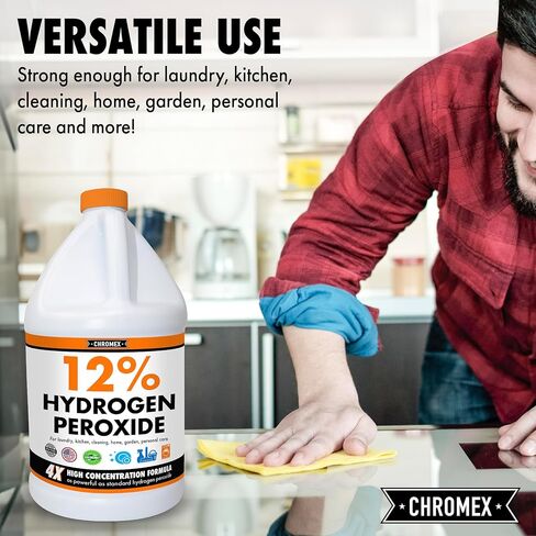 بيروكسيد الهيدروجين كرومكس 12% من درجة الغذاء، 4x محلول مركز للطاقة، 3 جالون مخفف إلى 12 جالون، الاستخدامات المتنوعة تشمل العناية الموضعية، المنزل، المطبخ، منظف الحمام، الغسيل، التبييض in Kuwait