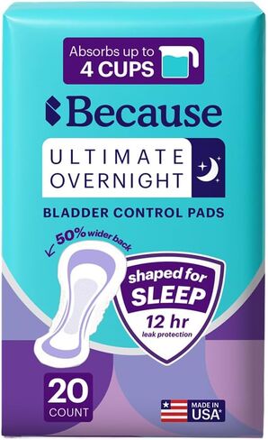 Because Ultimate Overnight Incontinence Booster Pads for Men and Women, Adds 4 Cups Extra Absorbency to Adult Diapers, Super Soft, Adhesive Strip Backing, Unisex, 20 Count in Kuwait