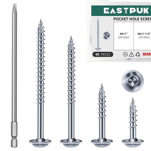 #8 Pocket Hole Screws Assortment Kit, 95Pcs Anti-Rust Zinc Plated Pocket Screws, Self-Tapping Tip Square Drive Wood Screw for Furniture with 150mm Drill Bit in Kuwait