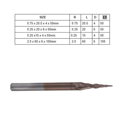 Tungsten Steel Cone End Mill, Excellent Chip Removal, High Surface Finish, for CNC Engraving Machine, Plywood Hardwood Acrylic Cutting Tools (R0.25*15*D4*50) in Kuwait