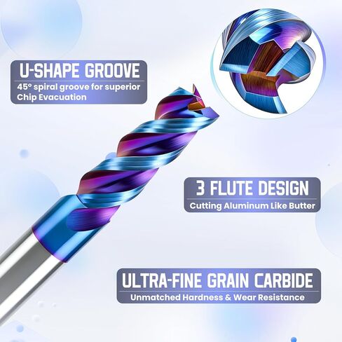 HQMaster Carbide Square End Mill with Nano Blue Coating, 1/2“ Shank 3 Flute End Mill, HRC 60 CNC Milling Bits Set for Aluminum, Copper, Magnesium Alloys & Composite Materials, 2-Pack in Kuwait