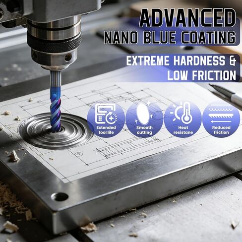 HQMaster Carbide Square End Mill with Nano Blue Coating, 1/2“ Shank 3 Flute End Mill, HRC 60 CNC Milling Bits Set for Aluminum, Copper, Magnesium Alloys & Composite Materials, 2-Pack in Kuwait