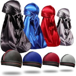 ForceWave 8PCS Silky Durag Men Wave Cap Long Tail Do rag for 360 Wave Dew Rag Packs in Kuwait