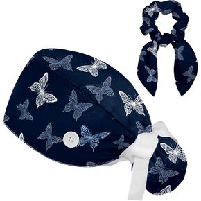Scrub Hats Women, Surgical Caps for Women with Ponytail and Buttons, Bouffant Nurse Caps Bow Scrunchy for Long Hair, Butterfly on Blue Animal Creatures of Nature in Kuwait