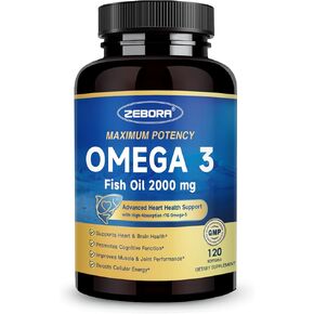ZEBORA Omega 3 Fish Oil 2000mg - EPA & DHA Supplement with CoQ10 & Taurine - Easy to Absorb Re-esterified Triglyceride(rTG) Form - Support Heart & Immune Health, 120 Softgels in Kuwait