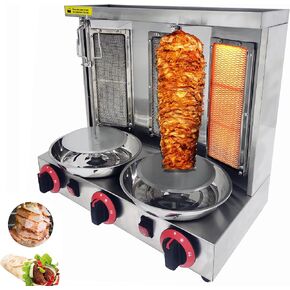 INTSUPERMAI Shawarma Grill Machine LP Gas Doner Kebab Machine Vertical Broiler Gyro Machine Meat Roasting Machine with 3 Burners Countertop Rotating Doner Kebab Oven for Home Commicial Restaurant Use in Kuwait