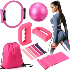 Poen 10 Pcs Pilates Ring Set Include 2.2lb *2 Dumbbells 10" Yoga Exercise Ball 12" Pilates Ring 5-40lb Resistance Bands Elastic Band and Drawstring Backpack Set for Women Home Workouts in Kuwait