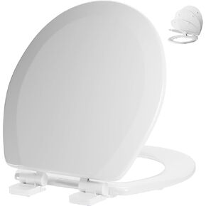 مقعد مرحاض خشبي مصبوب هادئ الإغلاق من Angol مع مفصلات قابلة للتعديل غير قابلة للانزلاق، مصدات مضادة للقرص، سهل التركيب والتنظيف (بسكويت، ممدود 18.5 بوصة) in Kuwait