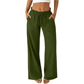 Wide Leg Casual Pants for Women Ruffle Drawstring Waist Summer Flowy Beach Vacation Palazzo Trousers with Pockets in Kuwait