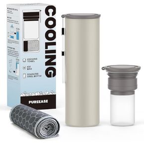 COOLING STATION 3-in-1 Portable Kit: Insulated Stainless Steel Bottle with Reusable Ice Bag & Cooling Towel. Long-Lasting Cold Relief for Daily Commute, Gym, Sports & Outdoor Travel. (Gray-green) in Kuwait