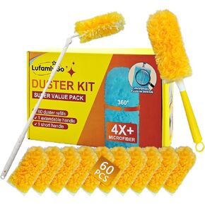 60PCS Fluffy 360° Heavy Duty Duster Refills fits Swiffer Duster, 4X Dust Capture Power, Unscented Disposable Electrostatic Dusters with 3ft Extended Handle for Furniture, Electronics, Blinds in Saudi Arabia