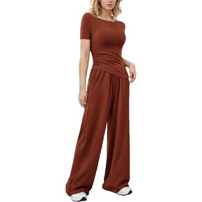 LICOBOD طقم صالة غير متماثل مكون من قطعتين ملابس نسائية بأكمام طويلة ملابس سفر مريحة بنطال ذو قصة أرجل واسعة بدلة رياضية غير رسمية in Kuwait