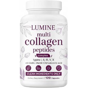 كبسولات لومين متعددة الكولاجين - أنواع ببتيدات البروتين المتحللة الأول والثاني والثالث والخامس والعاشر للشعر والبشرة والأظافر ودعم المفاصل - غير معدلة وراثيًا، وخالية من الغلوتين وسهلة البلع (120 كبسولة) in Kuwait