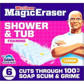 Mr. Clean Magic Eraser Sponge, Bathroom, Shower, Tub Cleaner, Soap Scum Remover, Bathroom Cleaning Supplies, Dawn Cleaning Power with Lemon Scent, Shower & Tub, 6ct in Kuwait