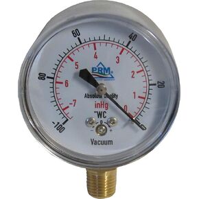 مقياس فراغ PRM من 0 إلى -100 بوصة WC / من 0 إلى -7 بوصة زئبق، حافظة كروم 2.5 بوصة، أجزاء داخلية من النحاس، حامل سفلي NPT 1/4 بوصة، مقياس جاف لتطبيقات الهواء والماء - قراءات دقيقة ±1.5% in Kuwait
