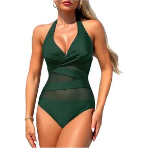 بدلة سباحة نسائية من SHENHE مكونة من قطعة واحدة وتحكم في البطن ورقبة على شكل حرف V شبكية in Kuwait