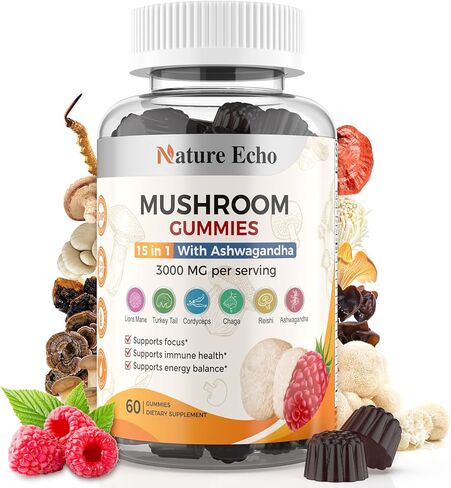 15 في 1 علكة مجمع الفطر وعلكة أشواغاندا 3000 مجم - عرف الأسد، الريشي، ذيل الديك الرومي والمزيد | مكمل الفطر للوظيفة الإدراكية والتركيز والذاكرة | علكات التوت| خالي من السكر in Kuwait
