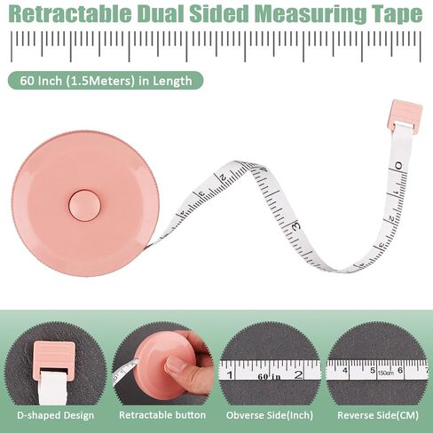 gdminlo 3 حزمة شريط قياس شريط قياس لنسيج الجسم الخياطة خياط القماش الحياكة الحرفية قياسات فقدان الوزن قابل للسحب 60 بوصة 1.5 متر، زر ضغط صغير، مساطر بمقاييس مزدوجة in Kuwait