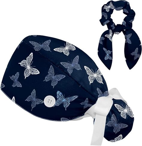 قبعات فرك للنساء، قبعات جراحية للنساء مع ذيل حصان وأزرار، قبعات ممرضة منتفخة مقوسة للشعر الطويل، فراشة على مخلوقات حيوانية زرقاء من الطبيعة in Kuwait