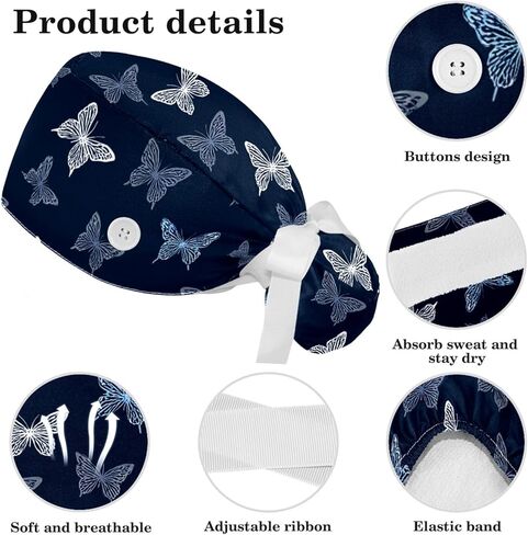 قبعات فرك للنساء، قبعات جراحية للنساء مع ذيل حصان وأزرار، قبعات ممرضة منتفخة مقوسة للشعر الطويل، فراشة على مخلوقات حيوانية زرقاء من الطبيعة in Kuwait