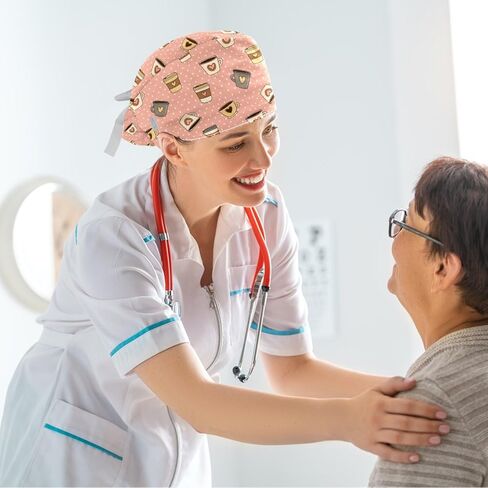 قبعات فرك للنساء مع زر، قبعات جراحية قابلة للتعديل مع حقيبة ذيل حصان، قبعة عمل بخلفية وردية لمحبي القهوة الكرتونية مع ربطة شعر مقوسة in Saudi Arabia