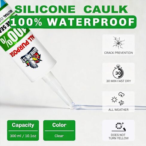 Silicone Caulk,10 fl oz Cartridge,12 Pack,Clear,100% Silicone Sealant Waterproof,Shrink & Crack Proof,Adhesive Sealant for Kitchen and Bathroom, Shower,Toilet, Sink, Window and Door in Saudi Arabia