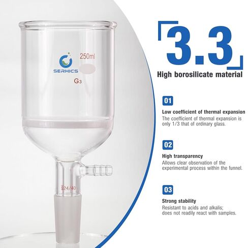 250ml Buchner Filtering Funnel with Fine Frit(G3),Borosilicate Glass,24/40 Standard Taper Inner Joint and Vacuum Serrated Tubulation in Kuwait