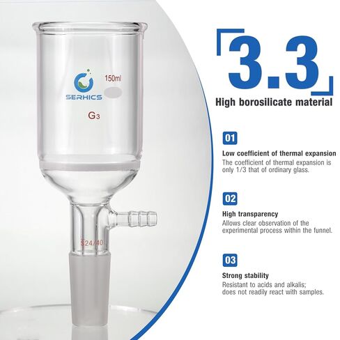 150ml Buchner Filtering Funnel with Fine Frit(G3),Borosilicate Glass,24/40 Standard Taper Inner Joint and Vacuum Serrated Tubulation in Kuwait