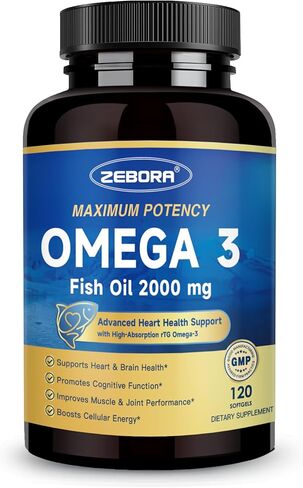 ZEBORA Omega 3 Fish Oil 2000mg - EPA & DHA Supplement with CoQ10 & Taurine - Easy to Absorb Re-esterified Triglyceride(rTG) Form - Support Heart & Immune Health, 120 Softgels in Kuwait