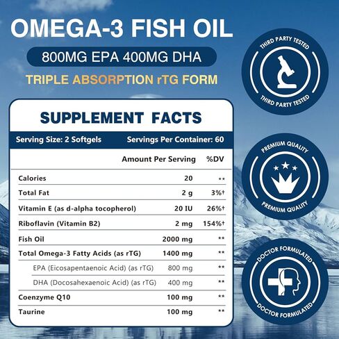 ZEBORA Omega 3 Fish Oil 2000mg - EPA & DHA Supplement with CoQ10 & Taurine - Easy to Absorb Re-esterified Triglyceride(rTG) Form - Support Heart & Immune Health, 120 Softgels in Kuwait