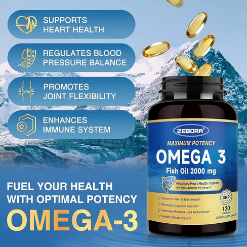 ZEBORA Omega 3 Fish Oil 2000mg - EPA & DHA Supplement with CoQ10 & Taurine - Easy to Absorb Re-esterified Triglyceride(rTG) Form - Support Heart & Immune Health, 120 Softgels in Kuwait