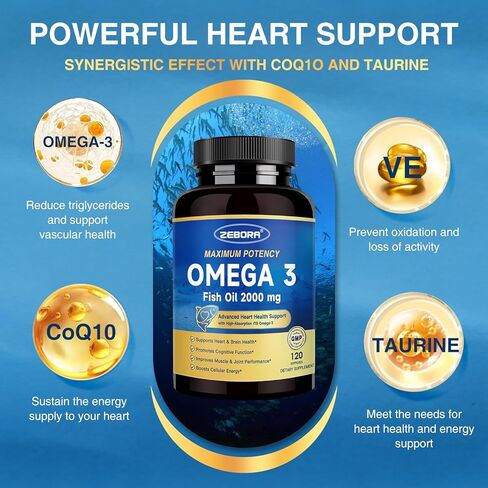 ZEBORA Omega 3 Fish Oil 2000mg - EPA & DHA Supplement with CoQ10 & Taurine - Easy to Absorb Re-esterified Triglyceride(rTG) Form - Support Heart & Immune Health, 120 Softgels in Kuwait