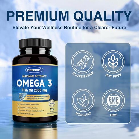 ZEBORA Omega 3 Fish Oil 2000mg - EPA & DHA Supplement with CoQ10 & Taurine - Easy to Absorb Re-esterified Triglyceride(rTG) Form - Support Heart & Immune Health, 120 Softgels in Kuwait