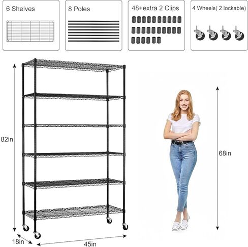6-Tier Storage Shelves 45" x 18" x 82" Heavy Duty Metal Shelving Unit 2100Lb Capacity Adjustable Storage Racks with Wheels NSF Garage Wire Shelf for Basement Commercial, Chrome in Saudi Arabia