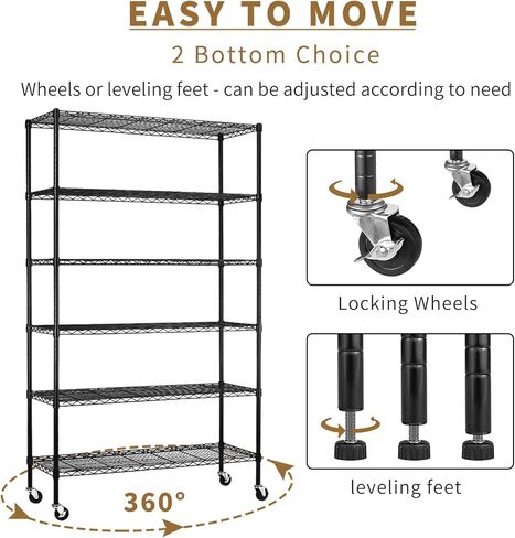 6-Tier Storage Shelves 45" x 18" x 82" Heavy Duty Metal Shelving Unit 2100Lb Capacity Adjustable Storage Racks with Wheels NSF Garage Wire Shelf for Basement Commercial, Chrome in Saudi Arabia