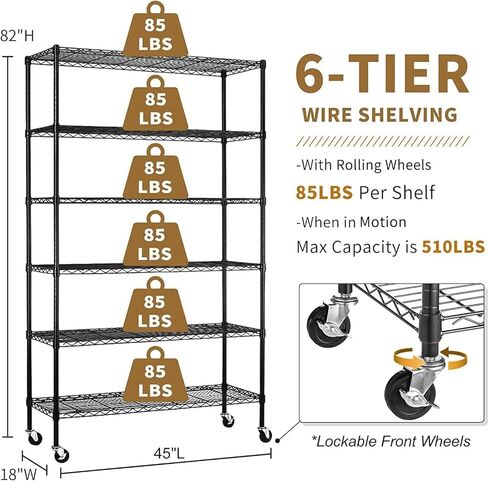 6-Tier Storage Shelves 45" x 18" x 82" Heavy Duty Metal Shelving Unit 2100Lb Capacity Adjustable Storage Racks with Wheels NSF Garage Wire Shelf for Basement Commercial, Chrome in Saudi Arabia