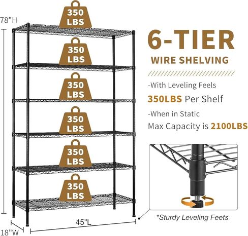 6-Tier Storage Shelves 45" x 18" x 82" Heavy Duty Metal Shelving Unit 2100Lb Capacity Adjustable Storage Racks with Wheels NSF Garage Wire Shelf for Basement Commercial, Chrome in Saudi Arabia