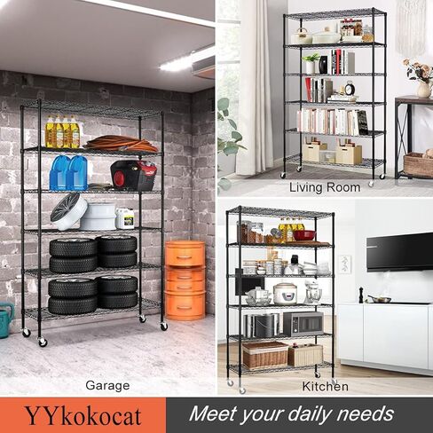 6-Tier Storage Shelves 45" x 18" x 82" Heavy Duty Metal Shelving Unit 2100Lb Capacity Adjustable Storage Racks with Wheels NSF Garage Wire Shelf for Basement Commercial, Chrome in Saudi Arabia