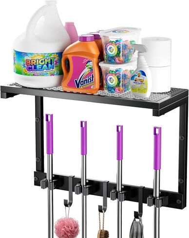 Heavy Duty Broom Holder Wall Mount with Cleaning Supplies Organizer, Space-Saving Laundry Room Organization and Storage Shelves, All-Metal Mop Hanger Broom Rack with Hooks, Garage Organizer Shelf in Saudi Arabia