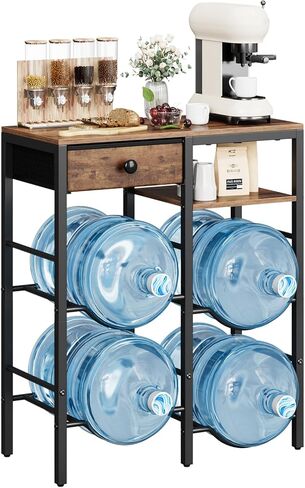 حامل إبريق ماء سعة 5 جالون مع 4 فتحات، رف تخزين زجاجات المياه عالي التحمل، أرفف خشبية من طبقتين ودرج قماشي للمنزل والمطبخ والمكتب والجراج in Kuwait