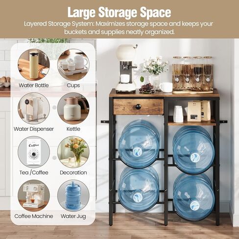 حامل إبريق ماء سعة 5 جالون مع 4 فتحات، رف تخزين زجاجات المياه عالي التحمل، أرفف خشبية من طبقتين ودرج قماشي للمنزل والمطبخ والمكتب والجراج in Kuwait