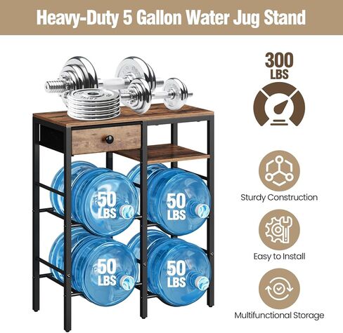 حامل إبريق ماء سعة 5 جالون مع 4 فتحات، رف تخزين زجاجات المياه عالي التحمل، أرفف خشبية من طبقتين ودرج قماشي للمنزل والمطبخ والمكتب والجراج in Kuwait