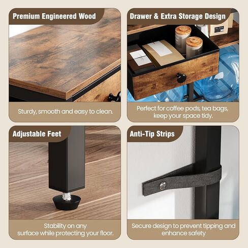 حامل إبريق ماء سعة 5 جالون مع 4 فتحات، رف تخزين زجاجات المياه عالي التحمل، أرفف خشبية من طبقتين ودرج قماشي للمنزل والمطبخ والمكتب والجراج in Kuwait