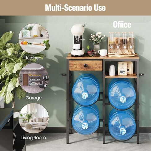 حامل إبريق ماء سعة 5 جالون مع 4 فتحات، رف تخزين زجاجات المياه عالي التحمل، أرفف خشبية من طبقتين ودرج قماشي للمنزل والمطبخ والمكتب والجراج in Kuwait