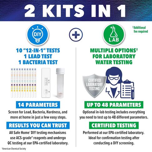 طقم اختبار مياه الشرب الكامل Safe Home® - فحص DIY لـ 14 معلمة + اختبار اختياري في مختبرنا المعتمد من وكالة حماية البيئة (EPA) لما يصل إلى 48 معلمة - صُنع في الولايات المتحدة الأمريكية in Kuwait