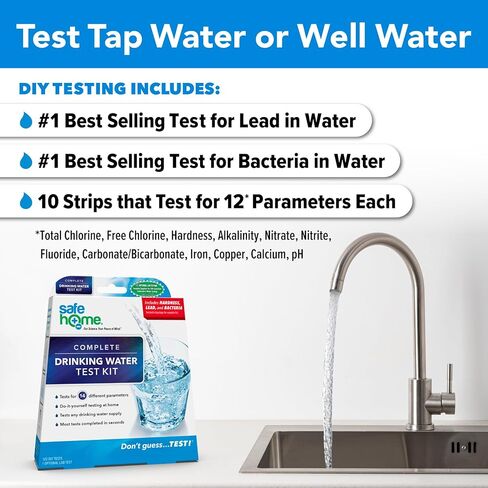 طقم اختبار مياه الشرب الكامل Safe Home® - فحص DIY لـ 14 معلمة + اختبار اختياري في مختبرنا المعتمد من وكالة حماية البيئة (EPA) لما يصل إلى 48 معلمة - صُنع في الولايات المتحدة الأمريكية in Kuwait
