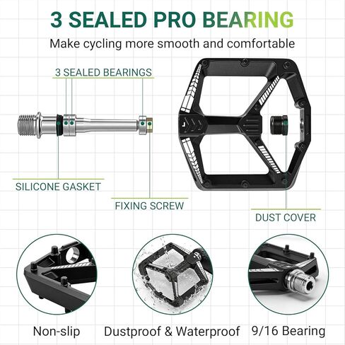 Road Bike Pedals Flat, Mountain MTB Bicycle Pedals, Aluminum Alloy, Non-Slip Lightweight, Wider Platform, 3 Sealed Bearings, 9/16" for BMX MTN Road Gravel EBike, 2PCS, Black in Kuwait