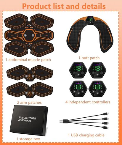 Professional Ab Stimulator Belt - 4 Pcs Portable Muscle Toner for Abdomen, Waist & Core Workout, Rechargeable Electric Massager with 4 Controllers and 1 Usb Charging Cable for Leg, Arm & Hip Fitness in Kuwait